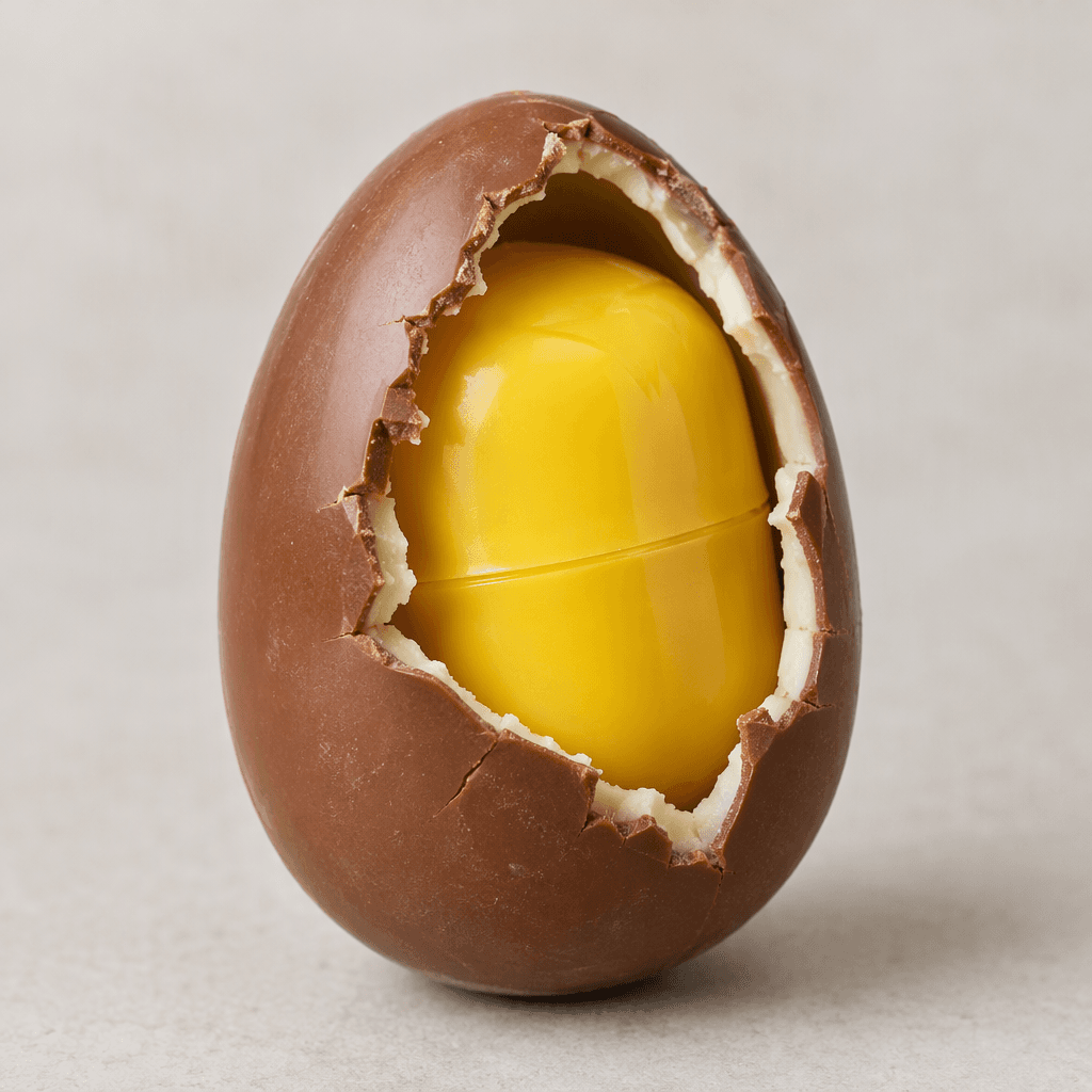 A small hollow egg-shaped sweet with a smooth milk-chocolate shell, a thin white-chocolate inner layer, and a bright yellow plastic capsule visible through a broken opening.
