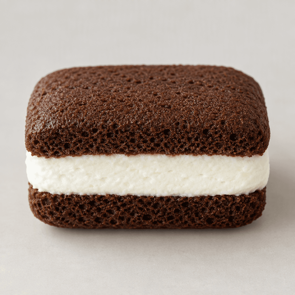 A small rectangular snack cake with two thin, dark cocoa-brown sponge layers enclosing a thick, smooth white milk-cream filling, with gently rounded edges and a cleanly cut side visible.
