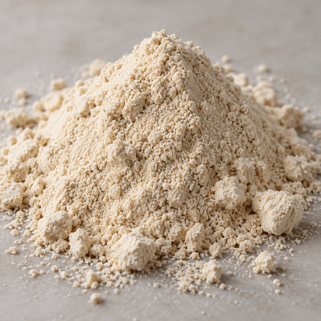 A mound of fine, pale beige weight-gainer powder with a slightly grainy texture, loosely piled on a surface.