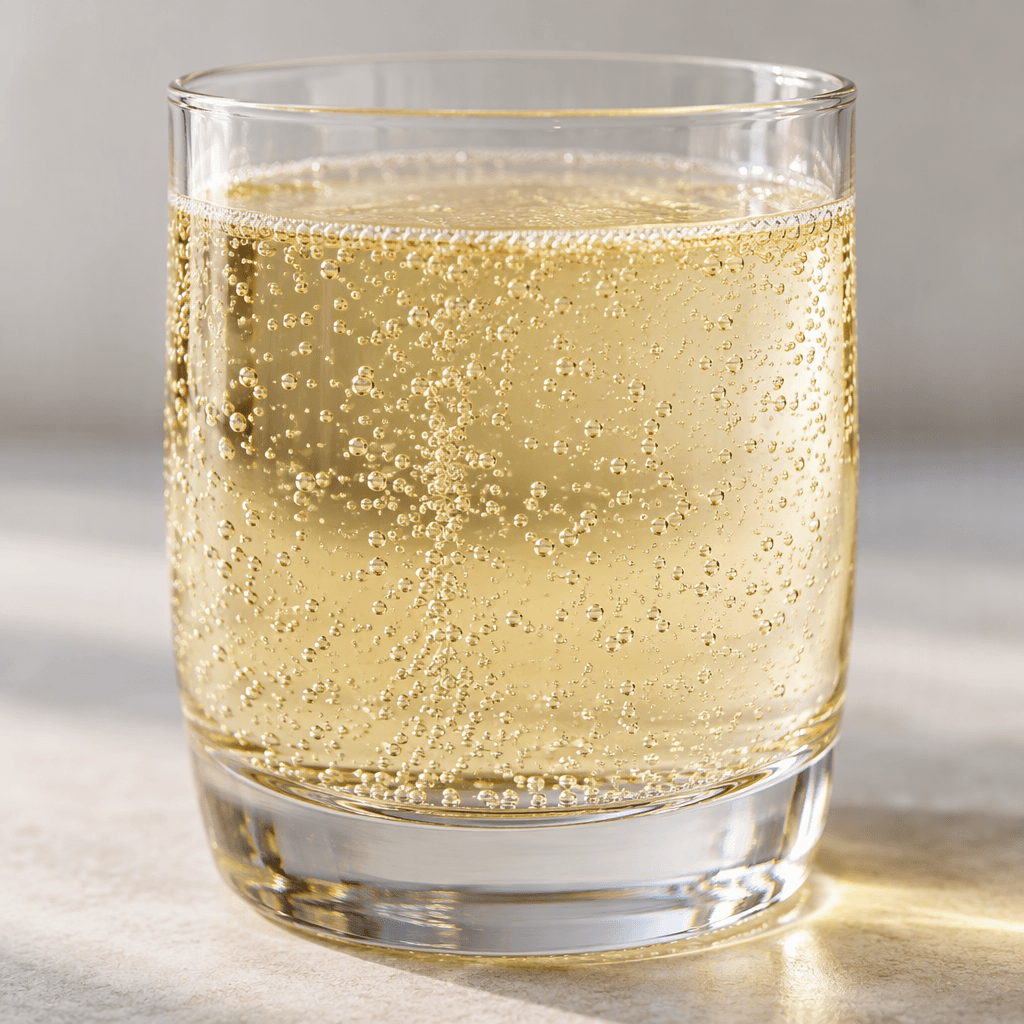 A clear, pale-yellow carbonated drink in a glass, with fine bubbles rising through it.