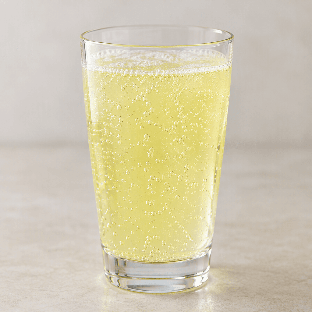A clear, pale straw-yellow carbonated drink sits in a glass, with fine bubbles rising through it and a light fizz at the surface.