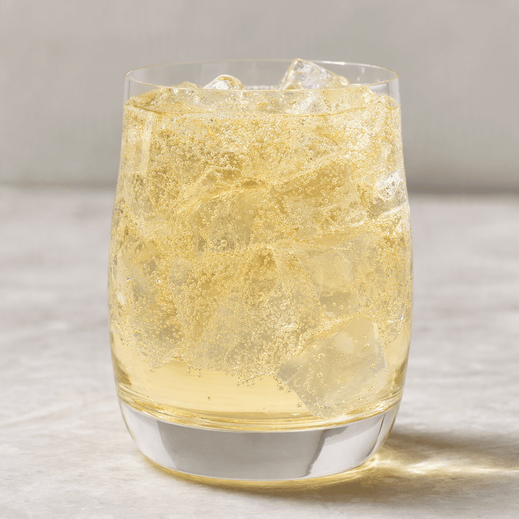 A clear, lightly yellow-tinted fizzy drink with fine bubbles rising through it, served in a transparent glass.