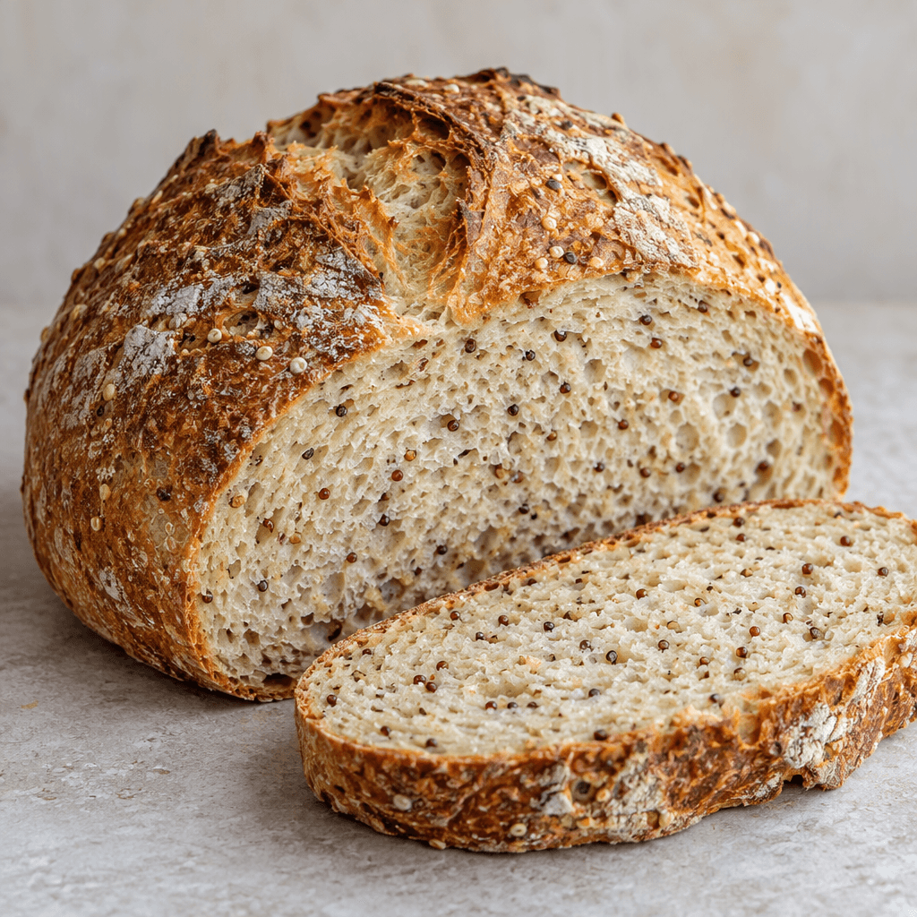 A rustic loaf of bread with a golden-brown, lightly textured crust and a firm, pale crumb dotted with small quinoa grains, shown whole beside a slice.