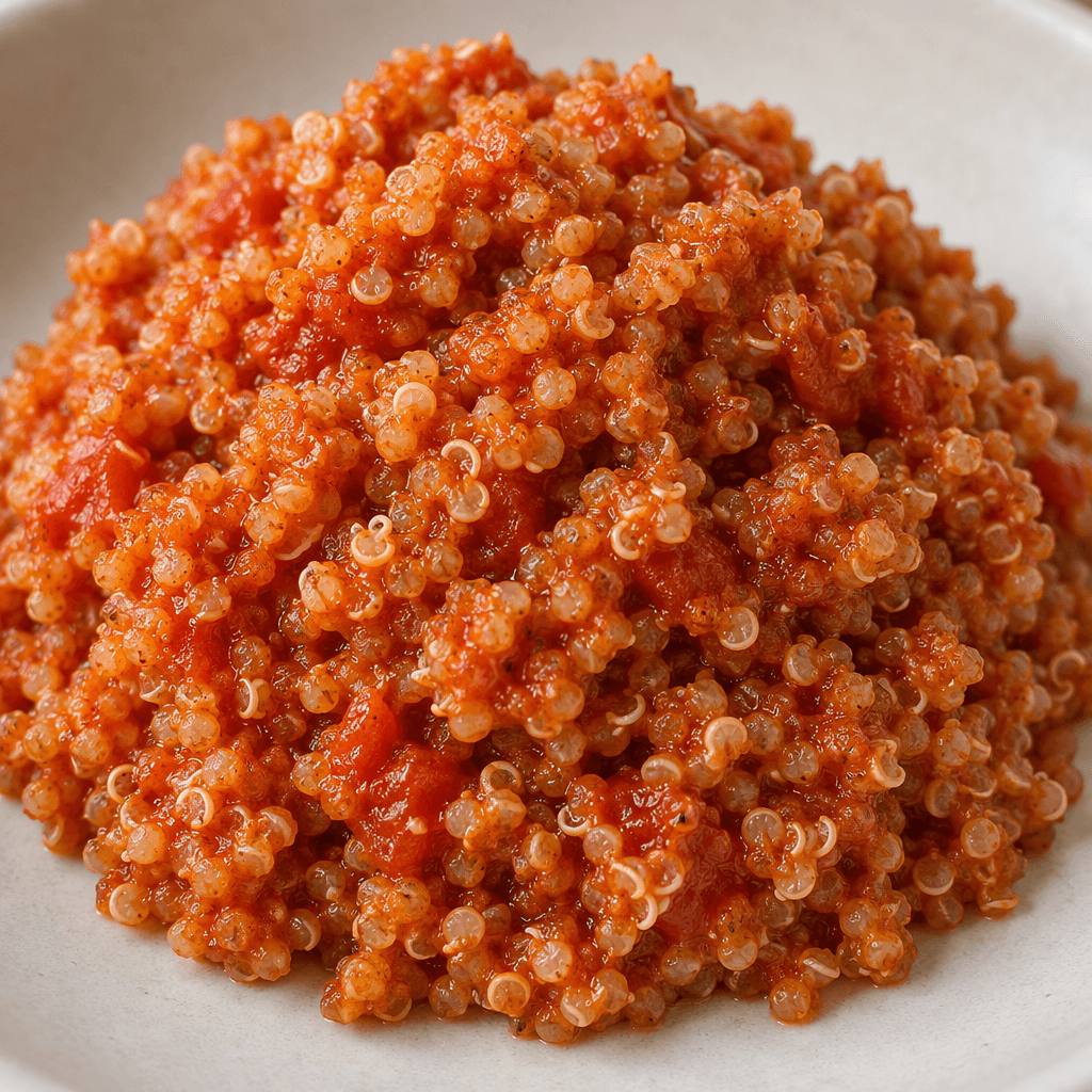 A mound of small, round quinoa grains coated in reddish tomato paste, with the grains’ tiny curled tails visible and a moist, slightly clumped texture.