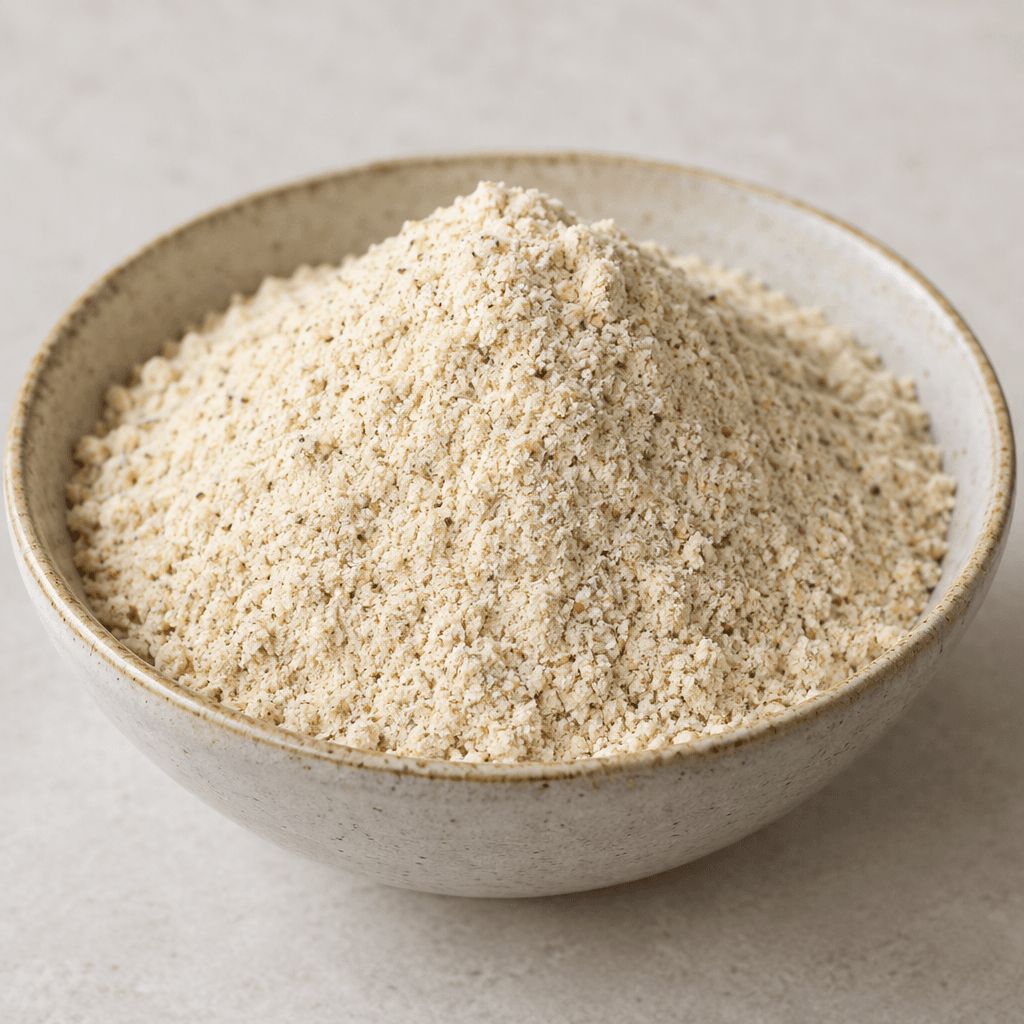 A loose mound of fine quinoa flour sits in a shallow bowl, its powdery texture appearing pale cream to light beige with tiny darker flecks scattered throughout.