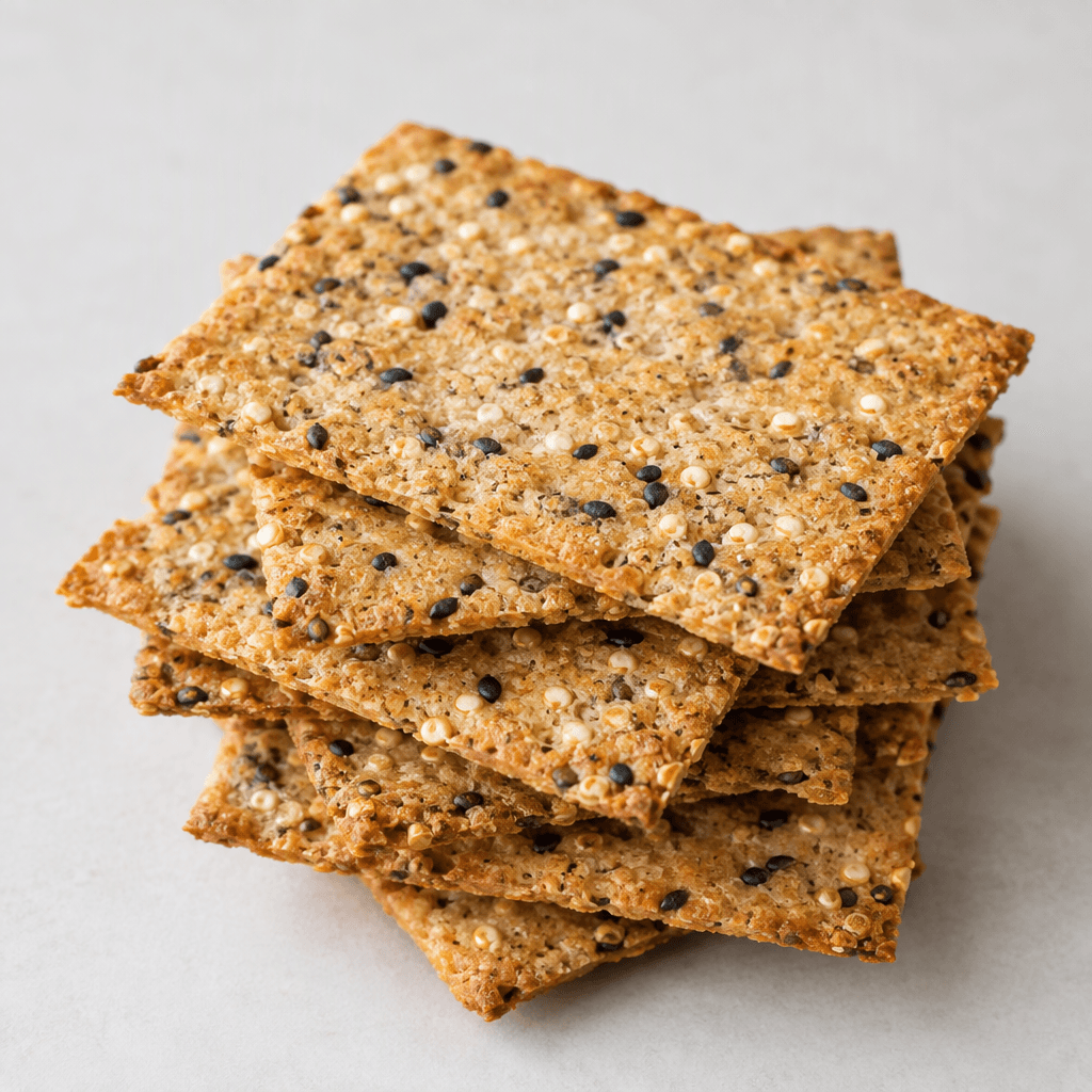 Thin, golden-brown rectangular crackers with a crisp, lightly rough surface, dotted with tiny black seeds and pale quinoa grains, arranged in a small overlapping stack.