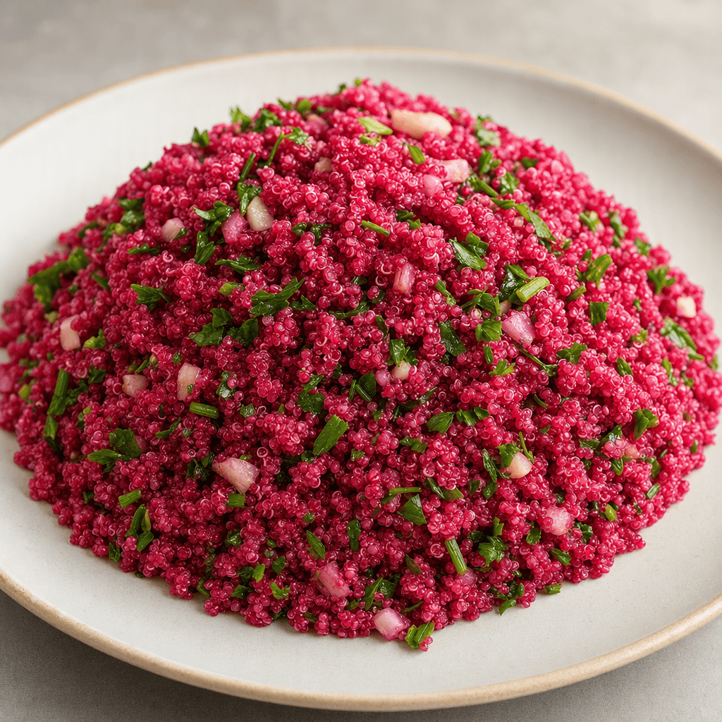 A mound of small quinoa grains tinted deep beet pink, speckled with chopped green herbs and pale diced vegetables, is served on a plate.