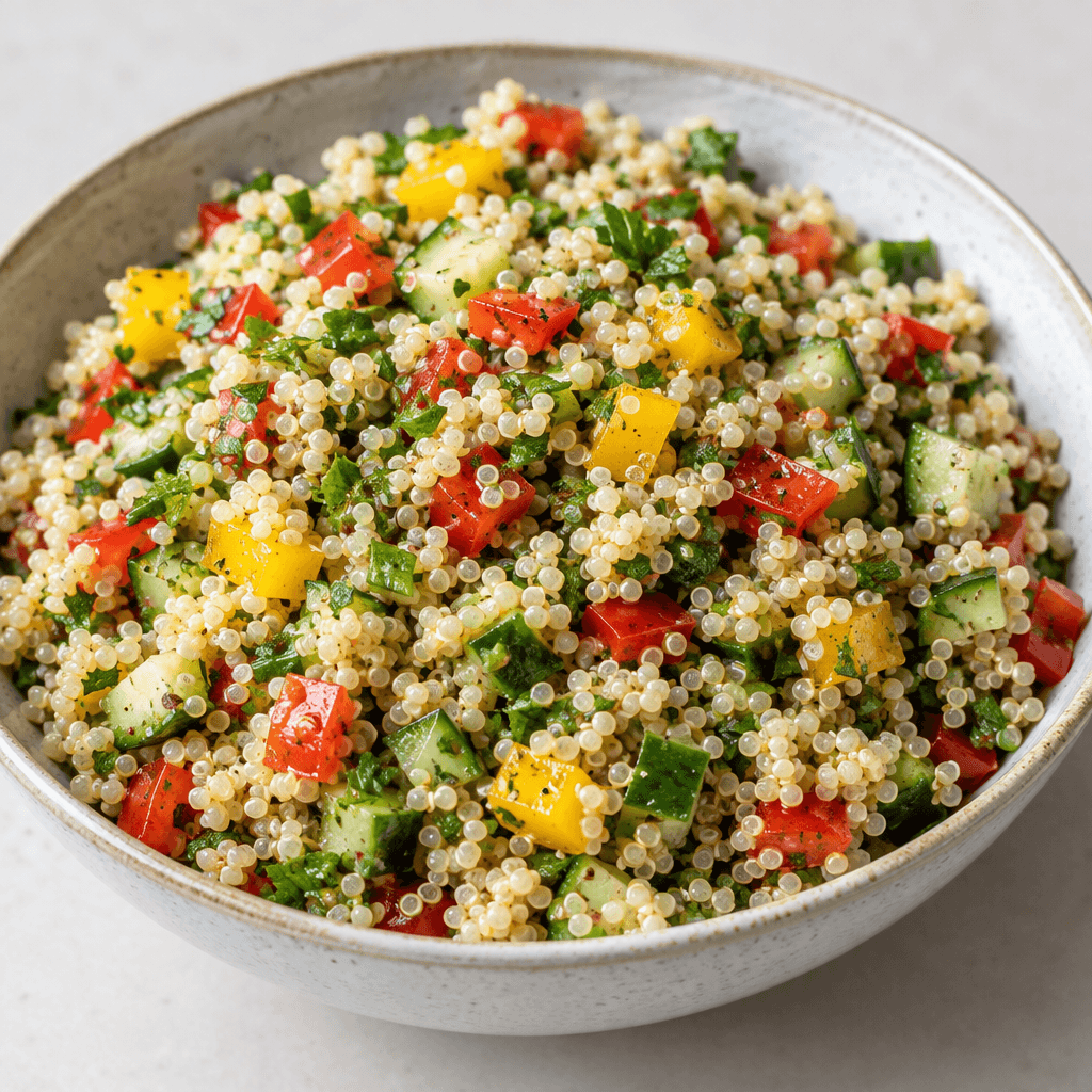 A colorful salad of tiny round pale-beige quinoa grains mixed with chopped green herbs, diced red and yellow vegetables, and small pieces of cucumber, served in a shallow bowl with a loose, fluffy texture.