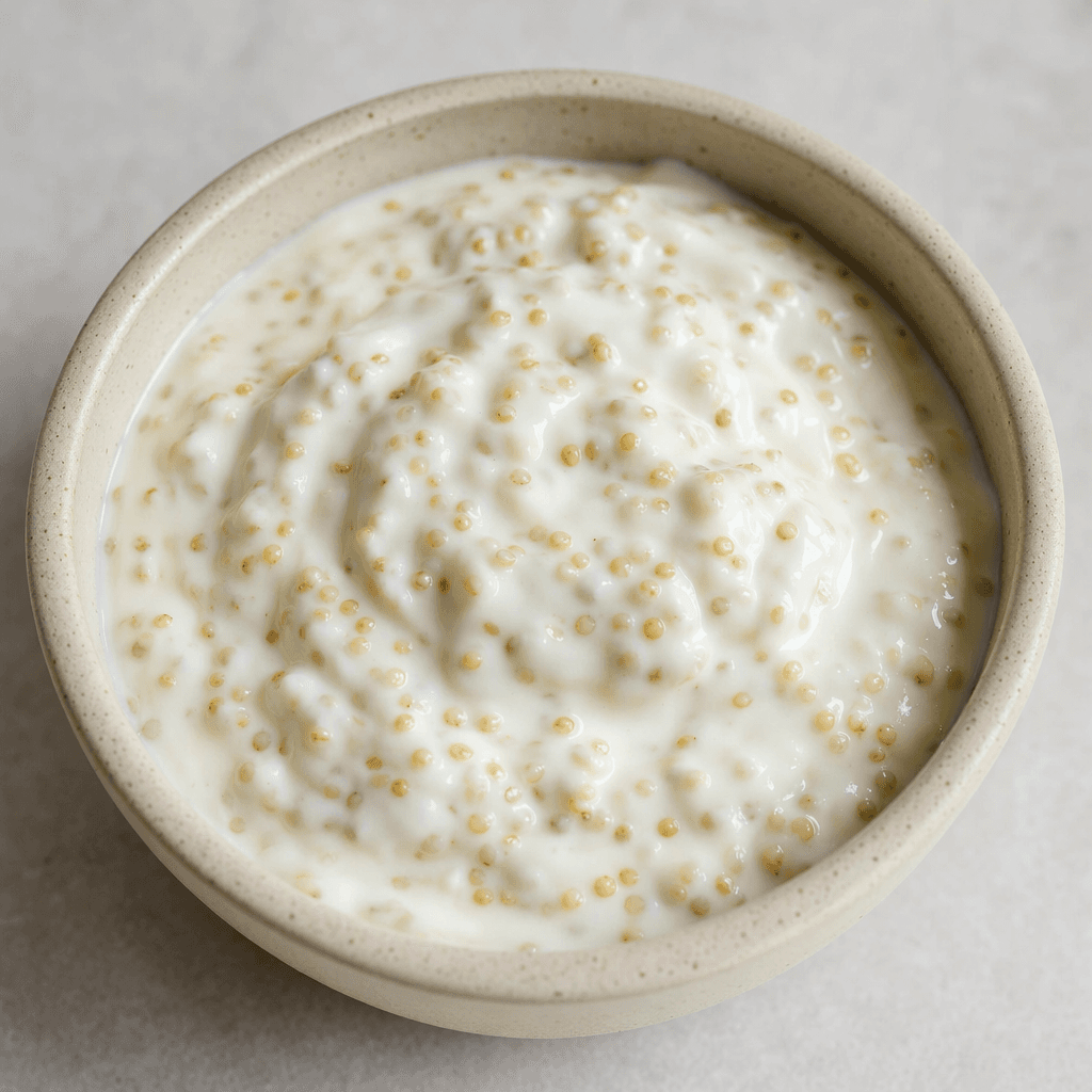 Thick, creamy white yogurt sits in a bowl, with small pale quinoa grains scattered throughout.