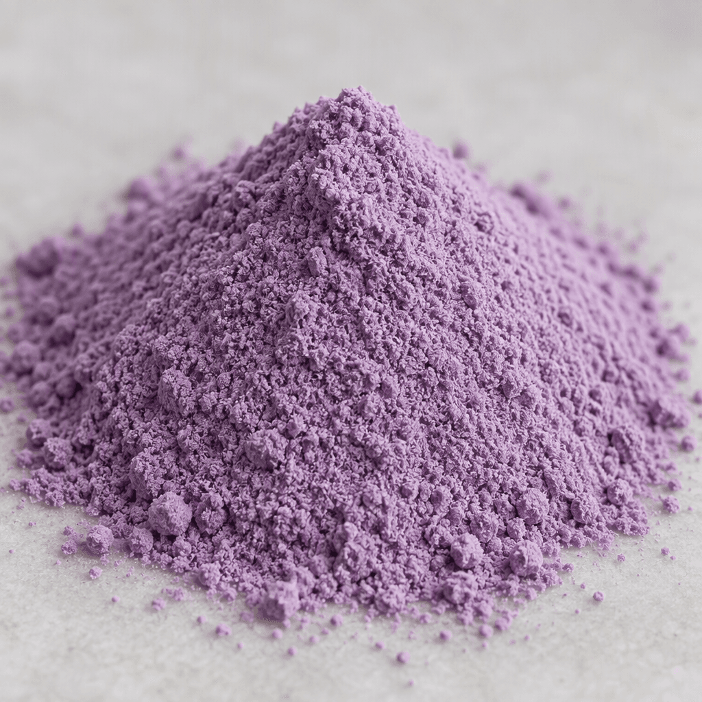 Fine, uniformly textured lavender-purple powder sits in a small mound.