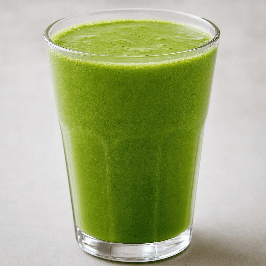 An opaque, bright-green drink with a smooth, slightly frothy surface, served in a clear glass.