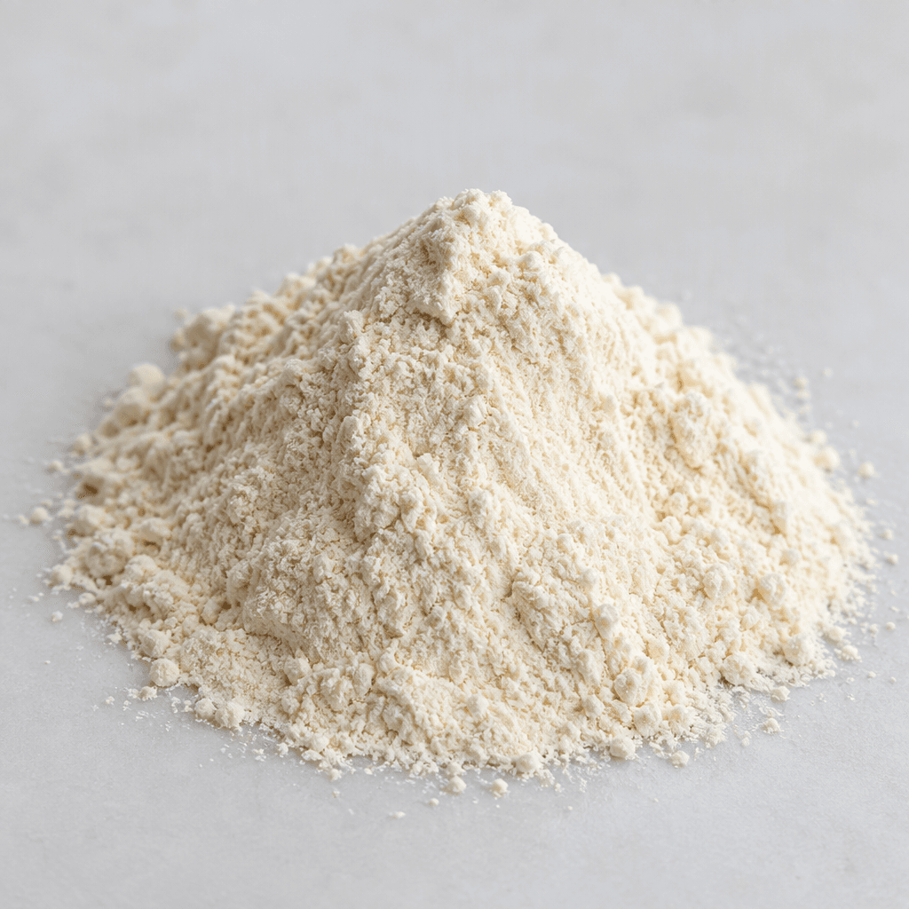 A small mound of fine, pale cream-colored powder with a smooth, dry texture, loosely gathered on a plain surface.