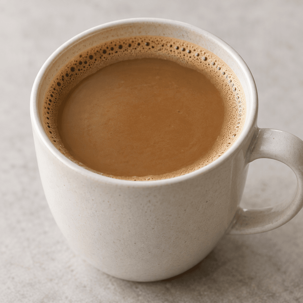A cup of smooth, medium-brown coffee with a uniform surface and a faint layer of pale foam around the rim.