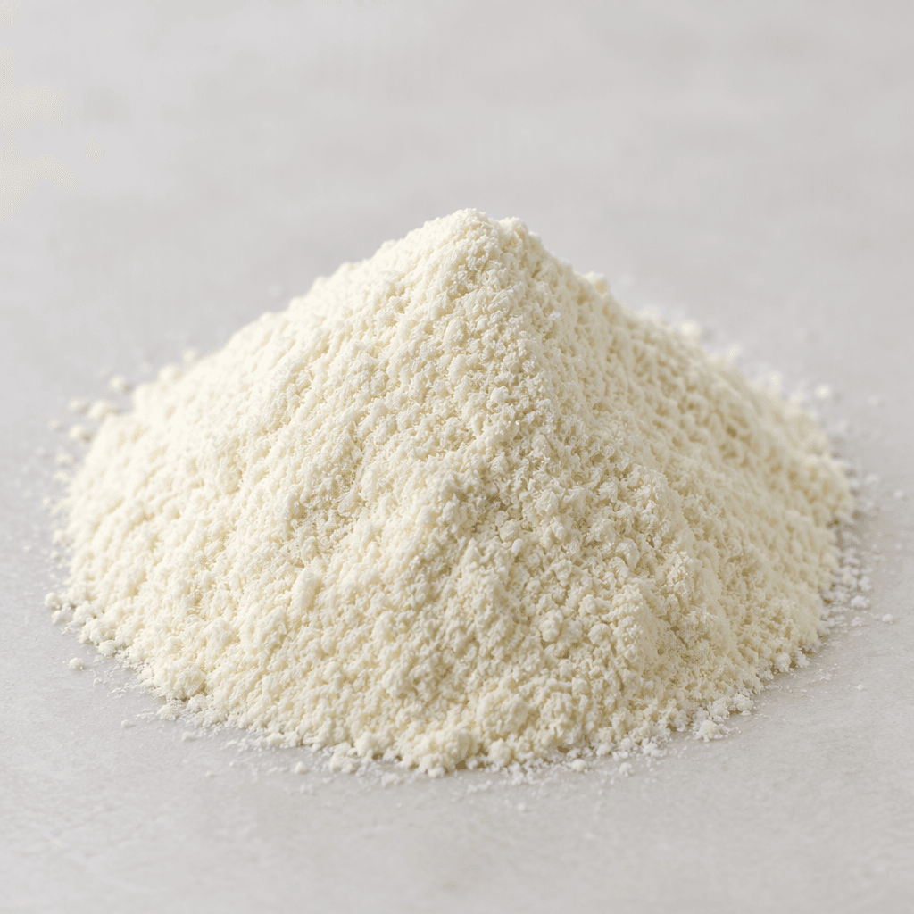 A small mound of fine, loose, pale cream-white powder with a smooth, slightly granular surface.