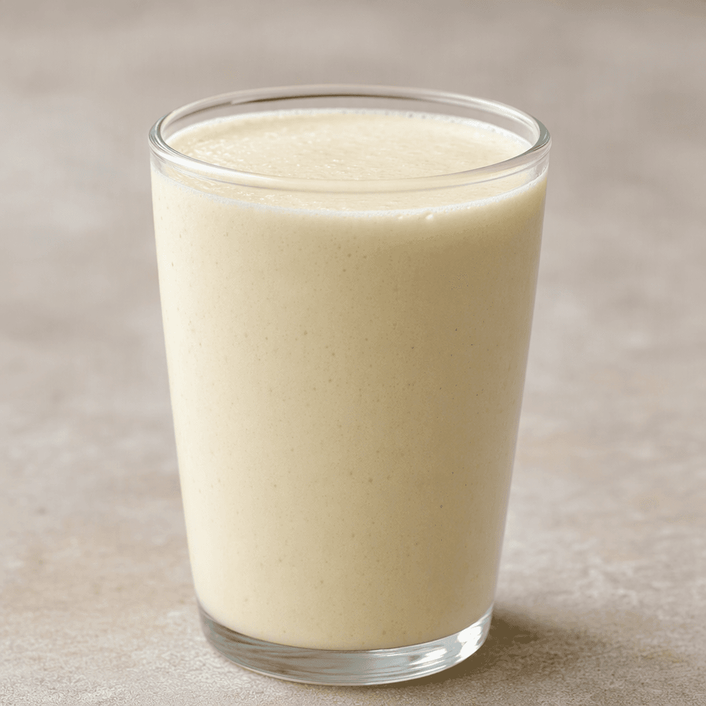 A smooth, opaque, pale cream-colored shake fills a clear glass, with an even surface and no visible toppings.