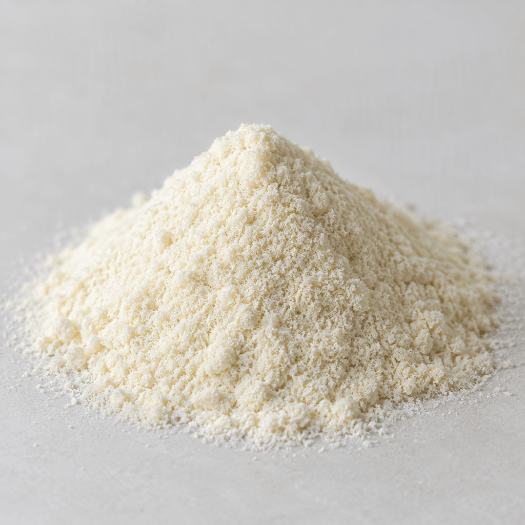 A small mound of fine, pale cream-colored collagen powder with a soft, slightly grainy texture, loosely piled on a clean surface.