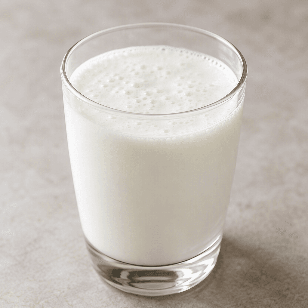 A smooth, opaque white dairy drink with a lightly creamy, pourable consistency, served in a clear glass.