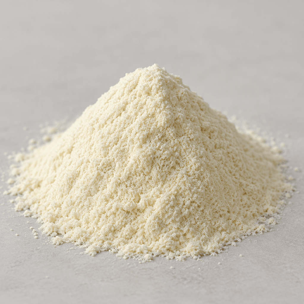 A small mound of fine, pale cream powder with a dry, smooth texture sits on a plain surface.