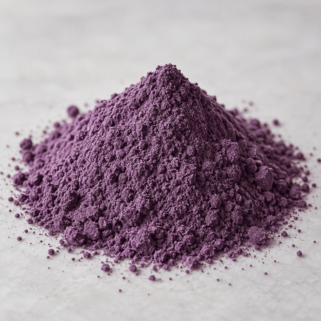 A small mound of fine, loose purple powder with a smooth, slightly grainy surface rests on a clean light-colored surface.