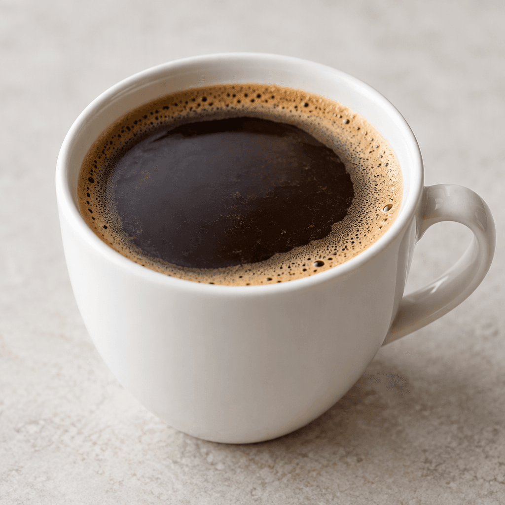 A cup of deep brown coffee with a smooth surface and a thin layer of light-brown foam.