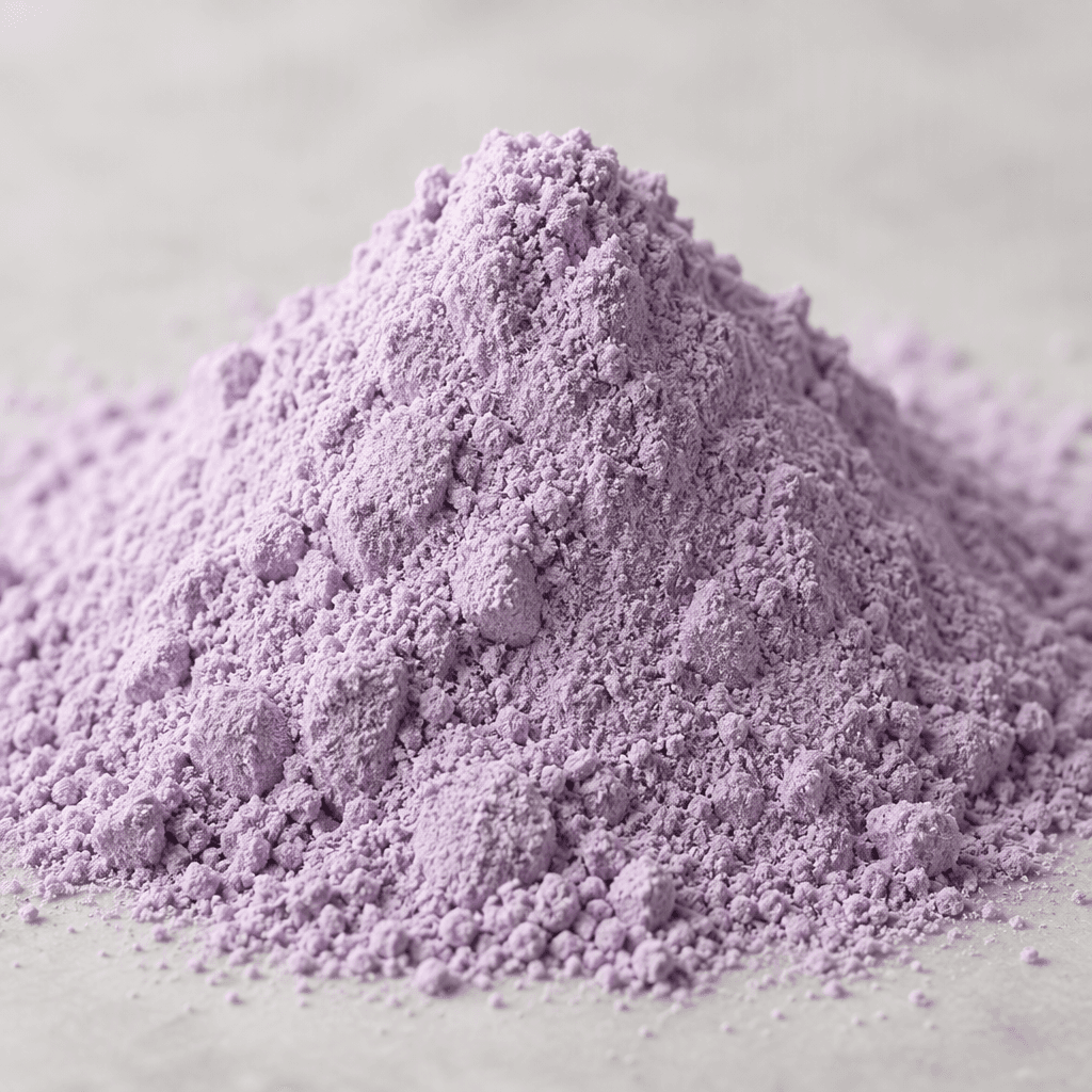 A mound of fine, loose protein powder in a soft lavender-purple hue, with a smooth, slightly grainy surface.