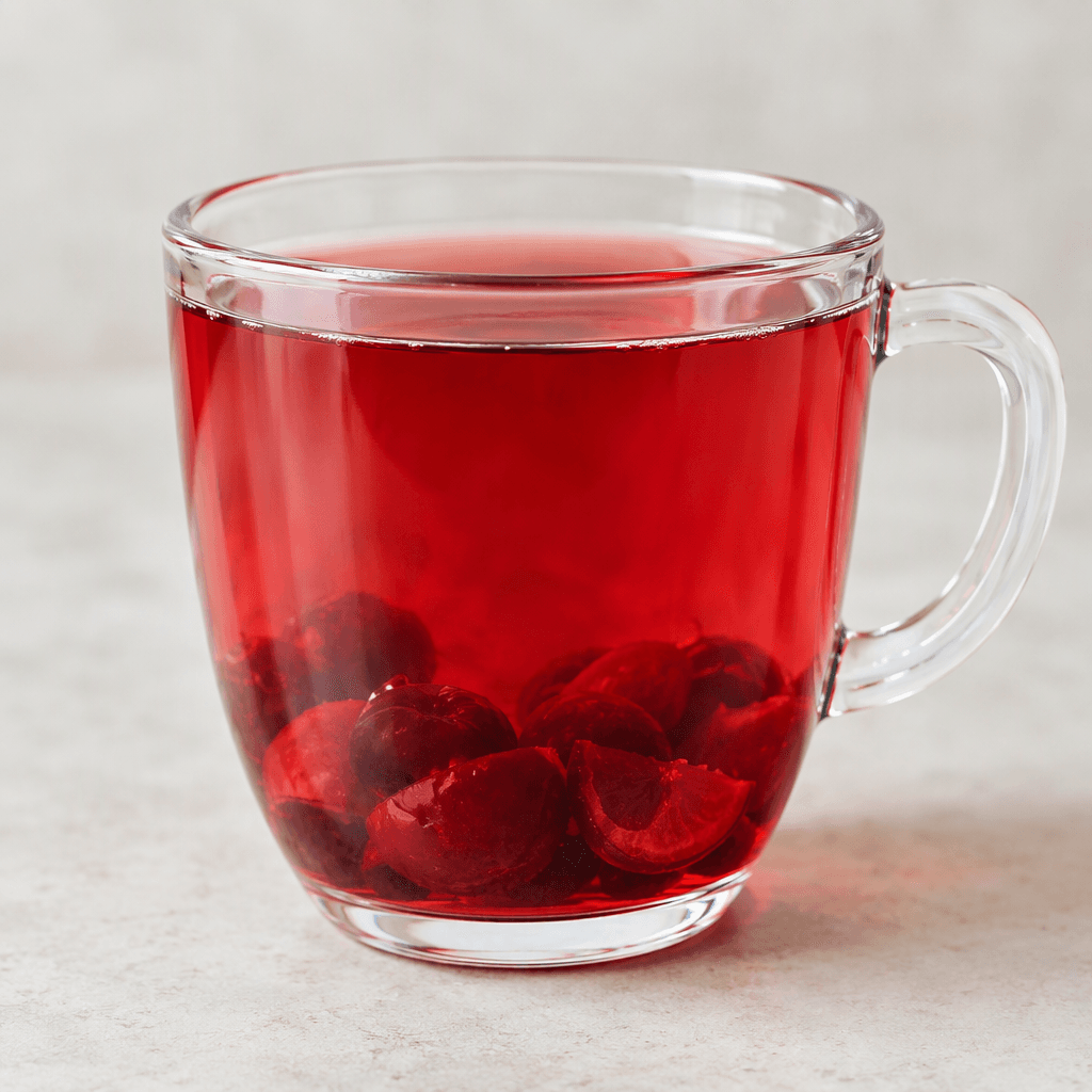 A clear glass cup holds a translucent ruby-red tea with a few dark red cherry pieces visible near the bottom, giving the drink a bright, jewel-like appearance.