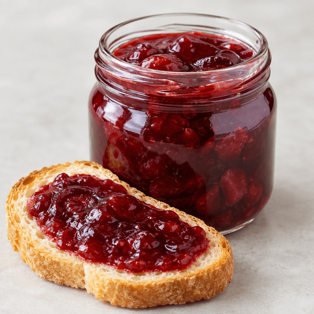 Glossy, deep ruby-red cherry jam with visible softened cherry pieces and a thick, spoonable texture, served in a small clear glass jar with a little jam spread on a slice of pale toast.