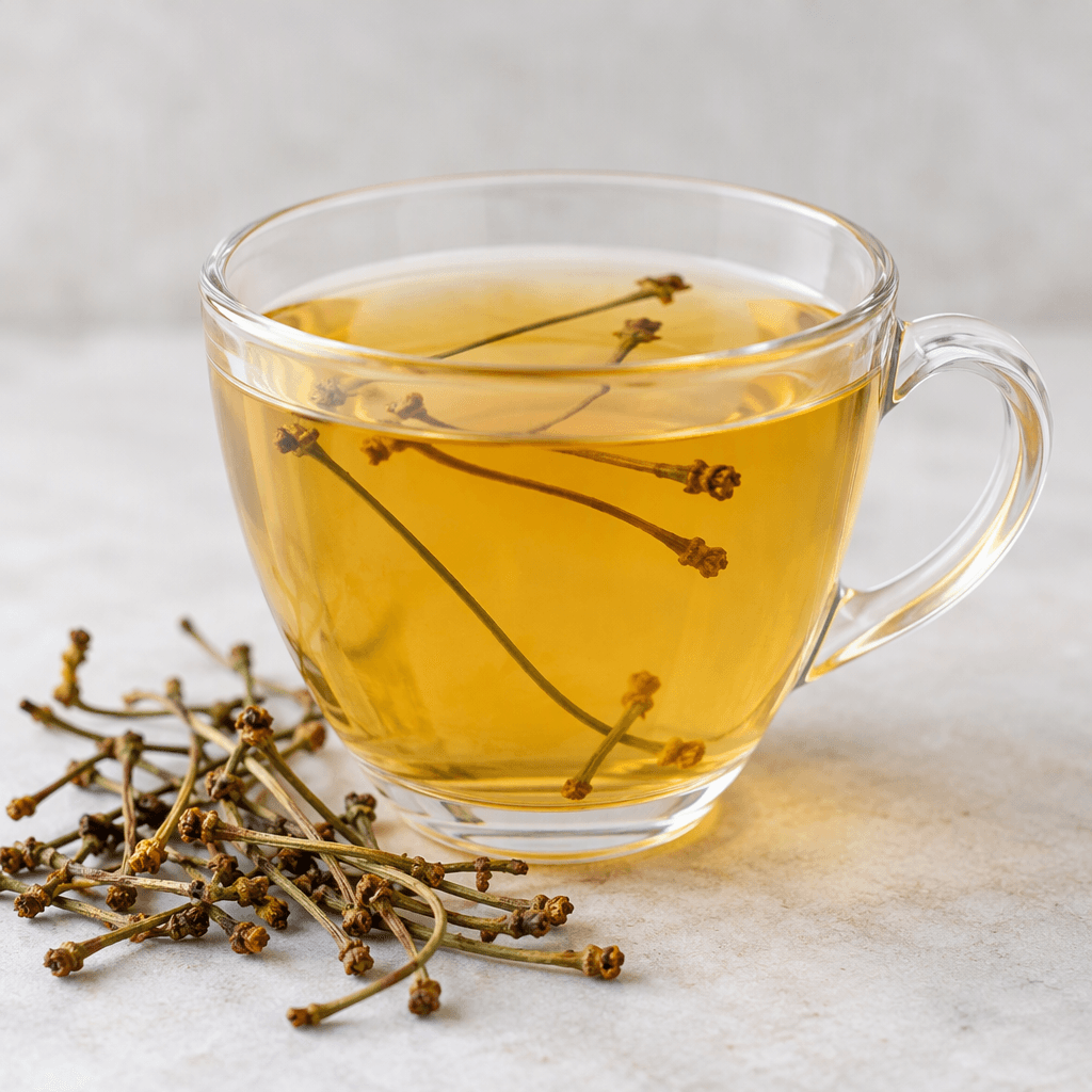 A clear glass cup holds a warm, translucent golden-yellow herbal infusion, with a few slender dried cherry stems visible in the liquid and more dried stems arranged beside the cup.