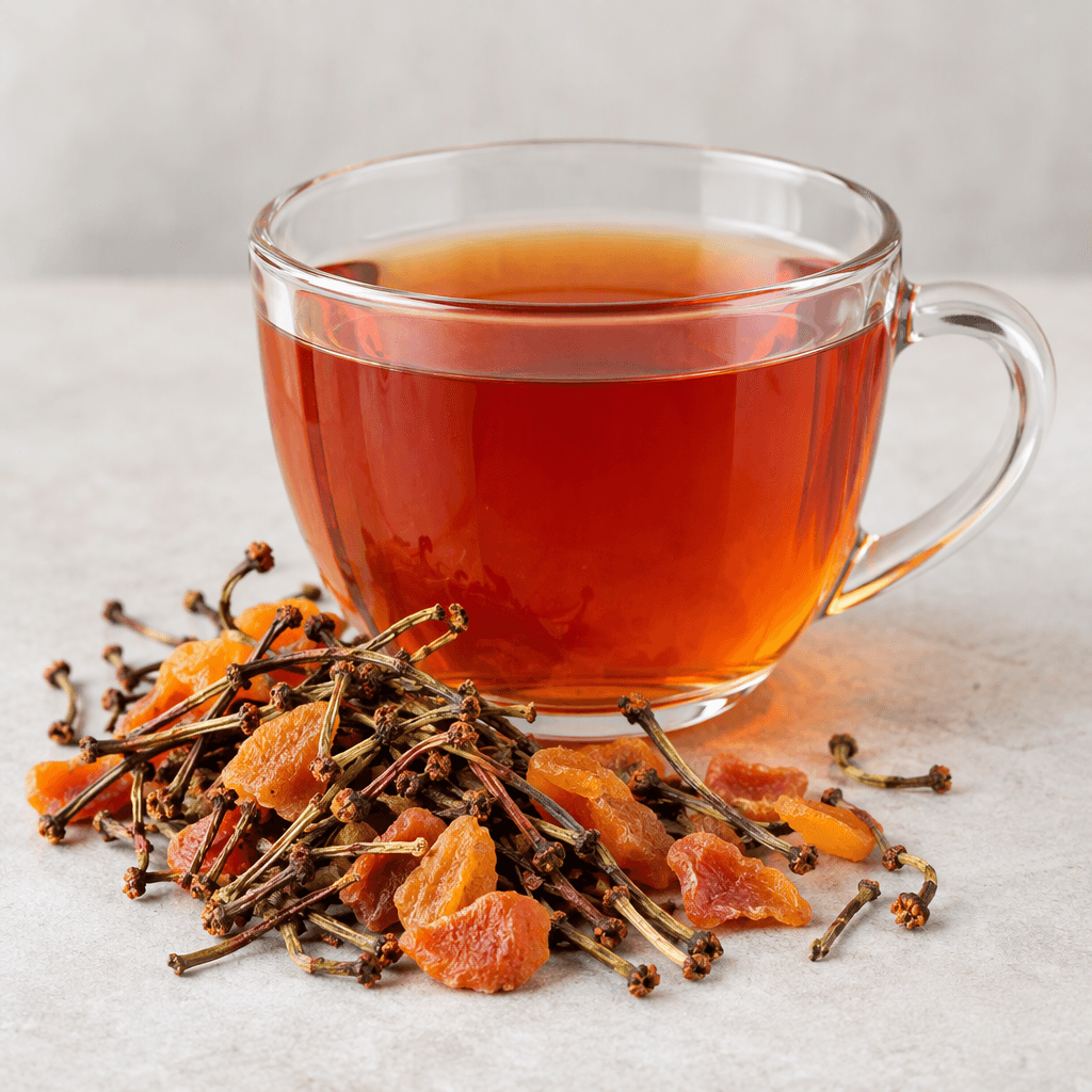 A clear amber-red herbal infusion sits in a glass cup beside a loose blend of slender dried cherry stems and small, orange-gold dried apricot pieces.