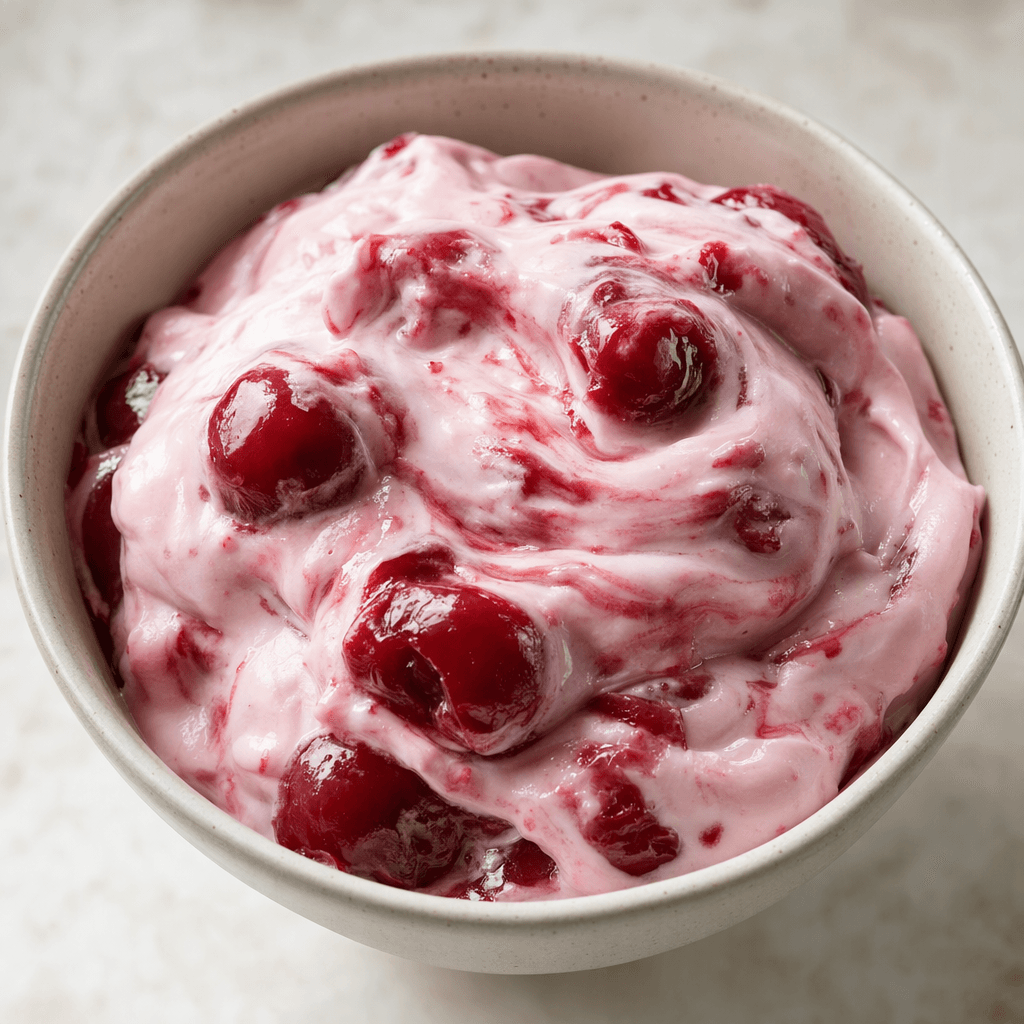 Thick, smooth pale-pink dairy cream with glossy deep-red cherry pieces and streaks, served in a small bowl.