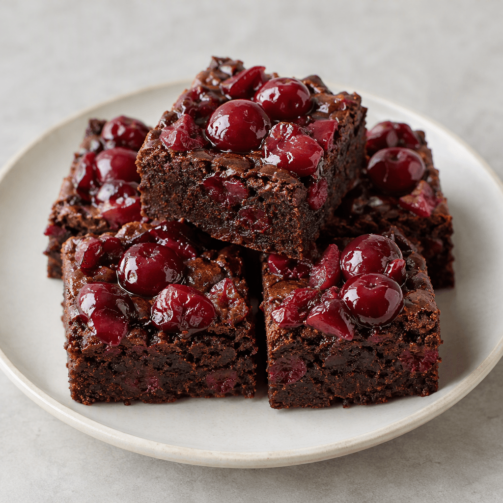 A dark, dense brownie topped with glossy red cherries and scattered cherry pieces, cut into neat squares and served on a plate.