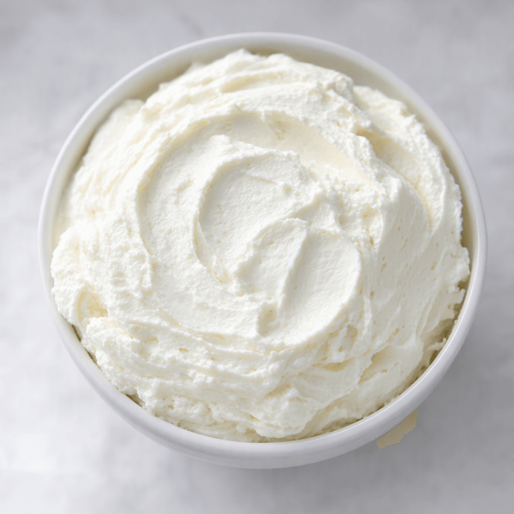 A thick, bright-white cheese spread with a smooth, creamy surface, served in a small bowl.