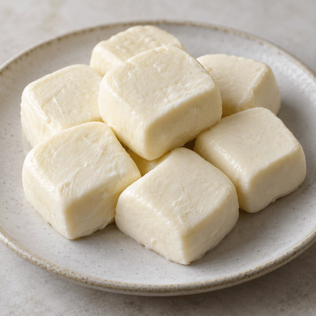 Small, rounded-square portions of smooth, pale ivory cheese are arranged on a plate, with soft, creamy surfaces and neatly defined edges.