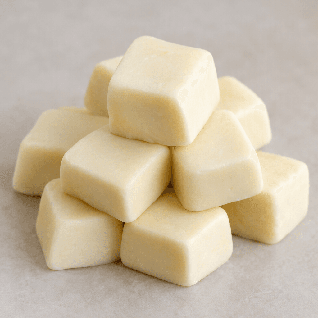Small, pale-ivory square portions of cheese with softly rounded edges and a smooth, dense, creamy-looking surface.