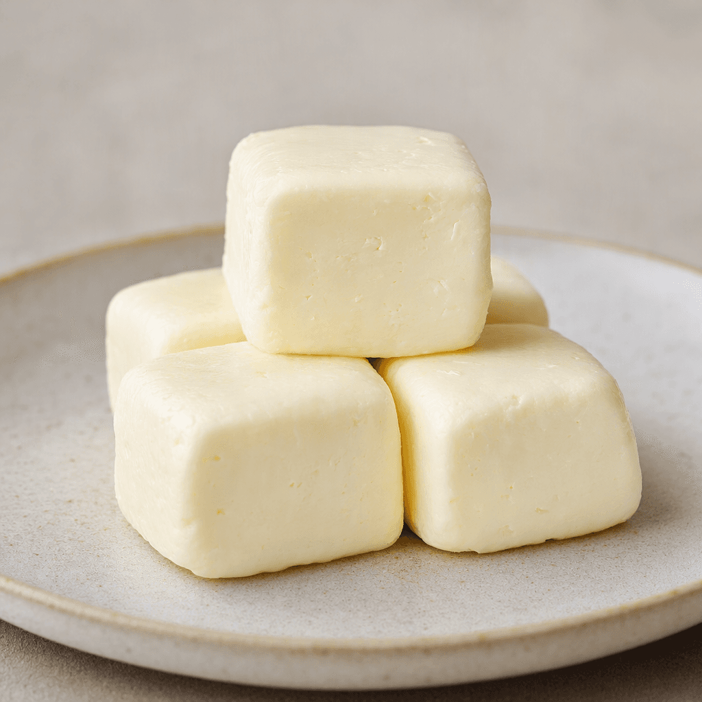 Small, squat portions of smooth, pale ivory fresh cheese with softly rounded corners are arranged on a plate.