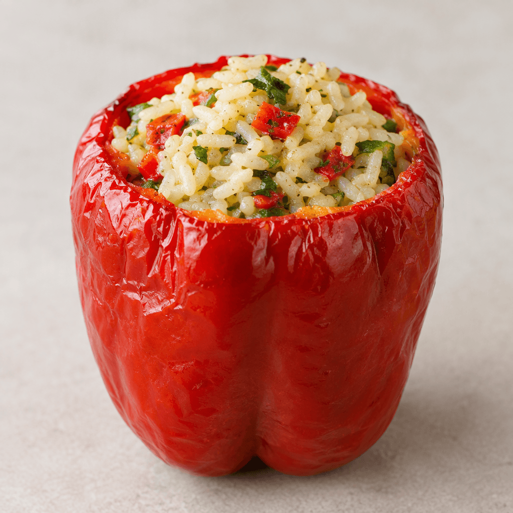 A glossy deep-red bell pepper stands upright with its top removed, its slightly softened skin enclosing a visible mound of pale rice filling flecked with green herbs and small red pieces.