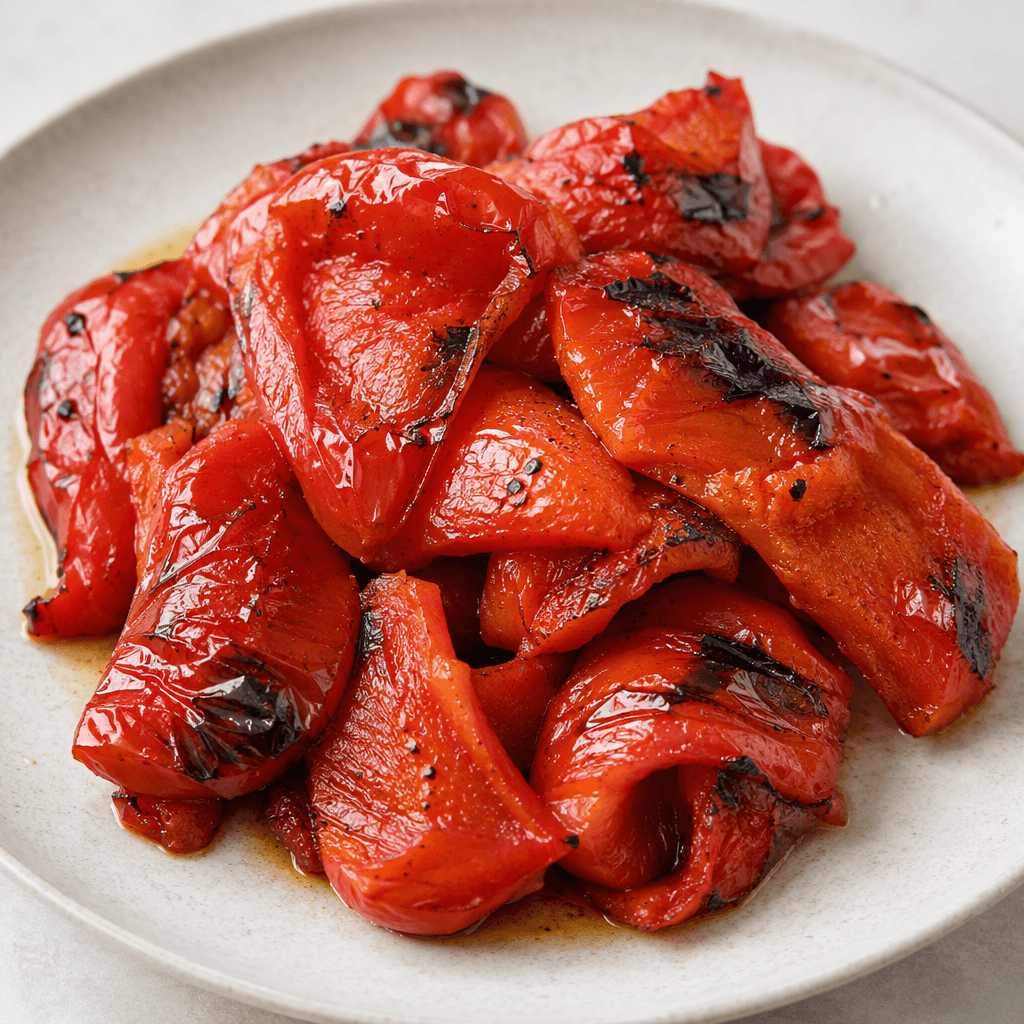 Soft, glossy red bell pepper pieces with wrinkled skin and scattered dark charred patches, arranged on a plate with their tender flesh visible.