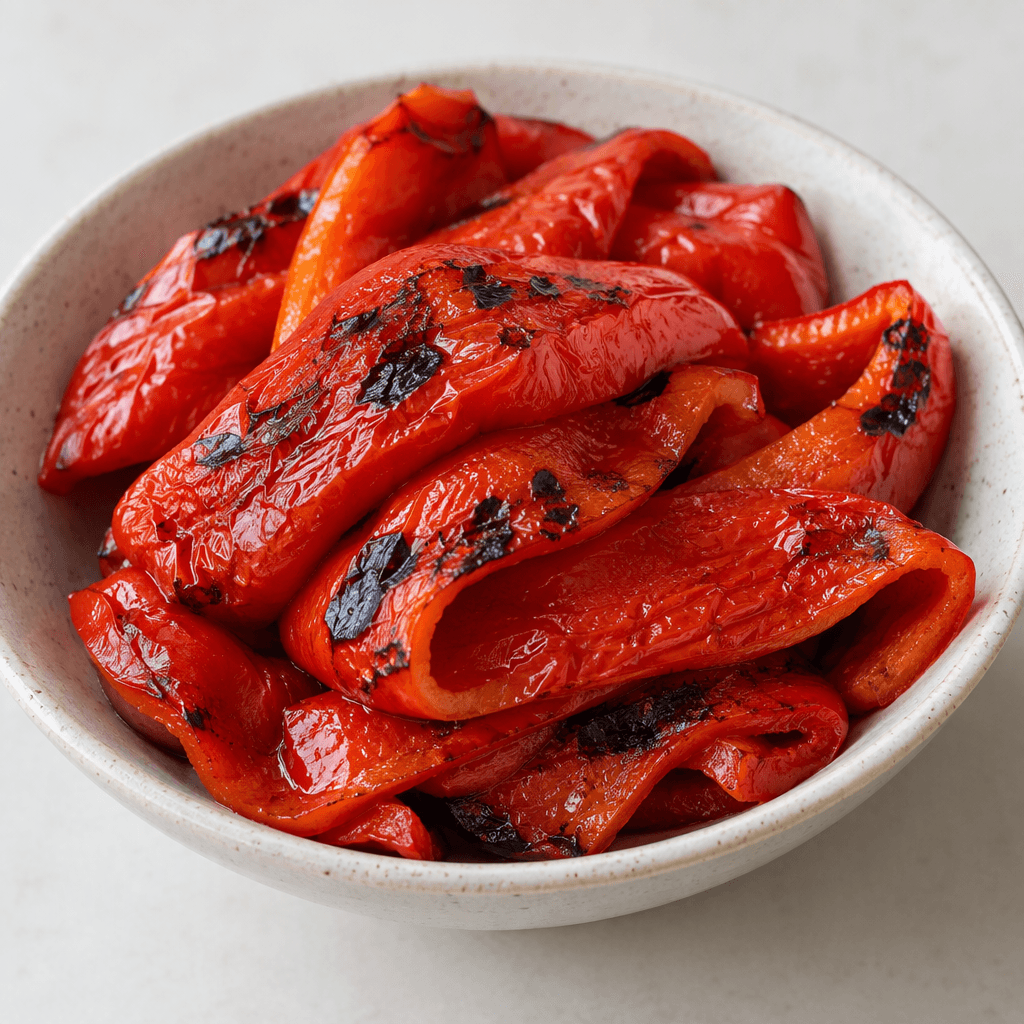 Soft, glossy red bell-pepper pieces with wrinkled skin and scattered blackened blistered patches, served in broad strips with their curved, hollow shape visible.