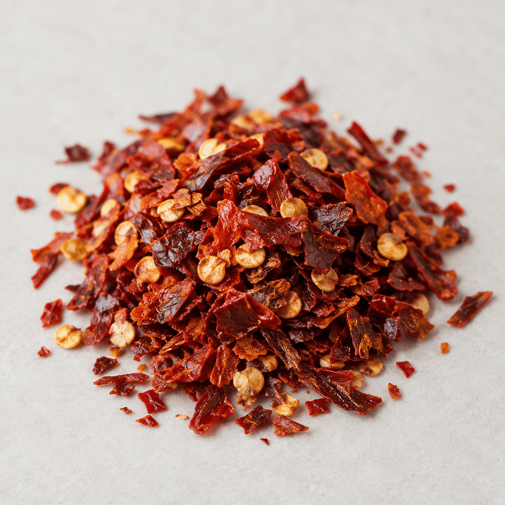Loose red pepper flakes consisting of irregularly shaped, thin red and deep-red pieces with occasional pale yellow seeds, visibly dry and slightly crinkled, scattered in a small mound.