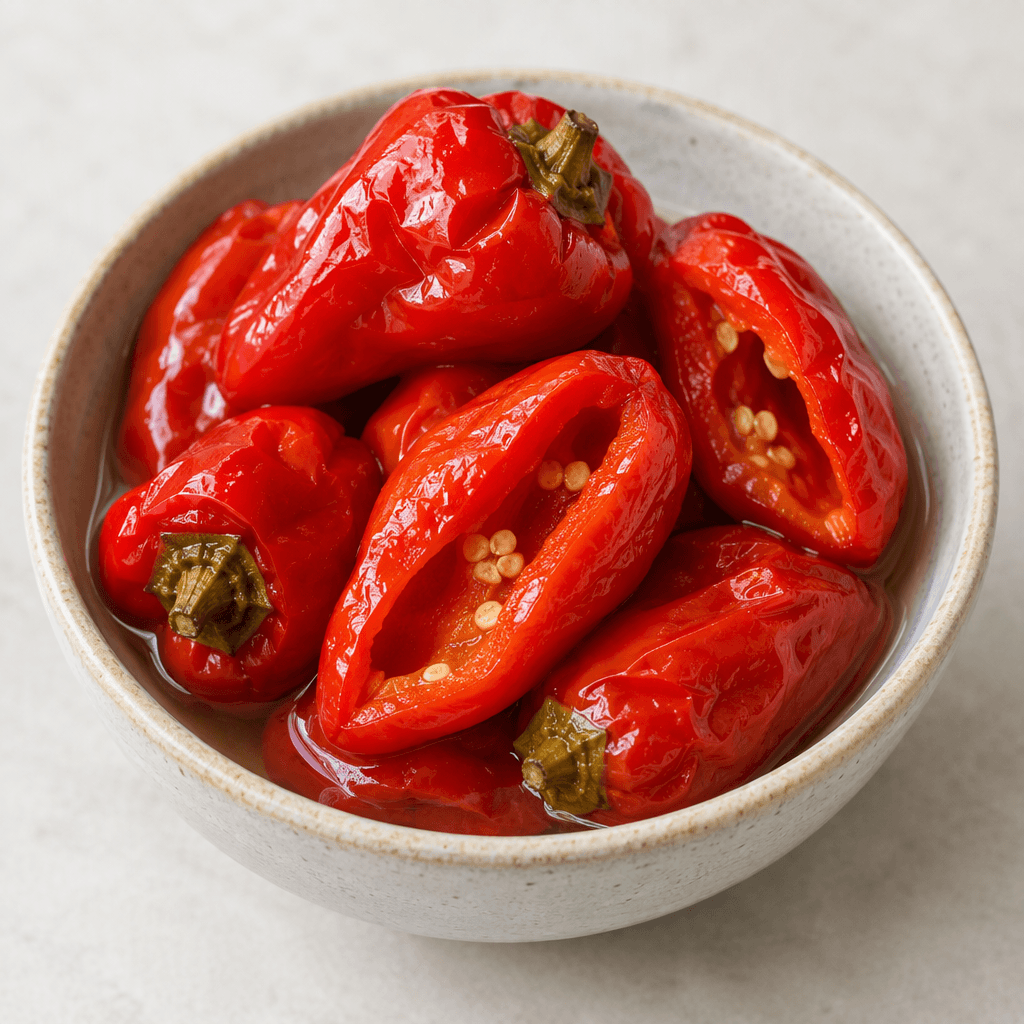 Glossy bright-red pepper pieces, some whole and some split open, sit in a small serving bowl with a little clear brine, their skins smooth and lightly wrinkled.