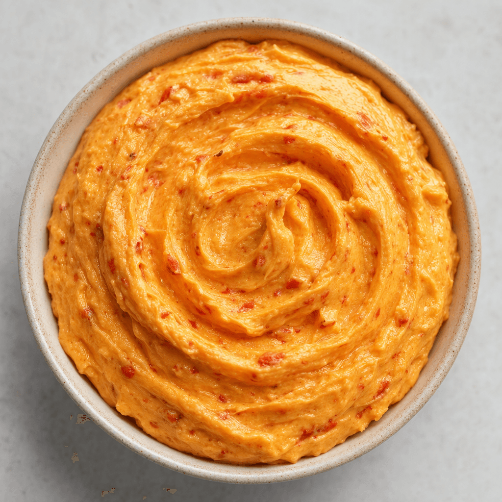 A soft, creamy orange-red butter spread with fine red pepper flecks, served in a small dish with a smooth swirled surface.
