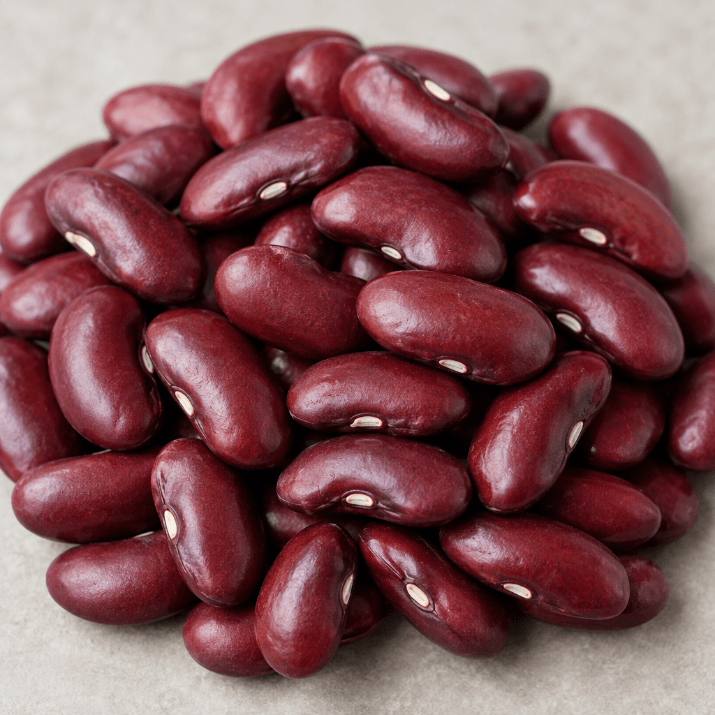Dark red, kidney-shaped beans with smooth, slightly glossy skins are piled together, their curved sides and small pale hilums visible.