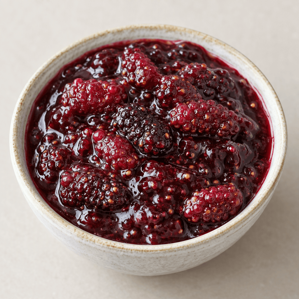 A thick, glossy deep red-purple jam with soft whole red mulberries and tiny seeds, served in a small bowl.
