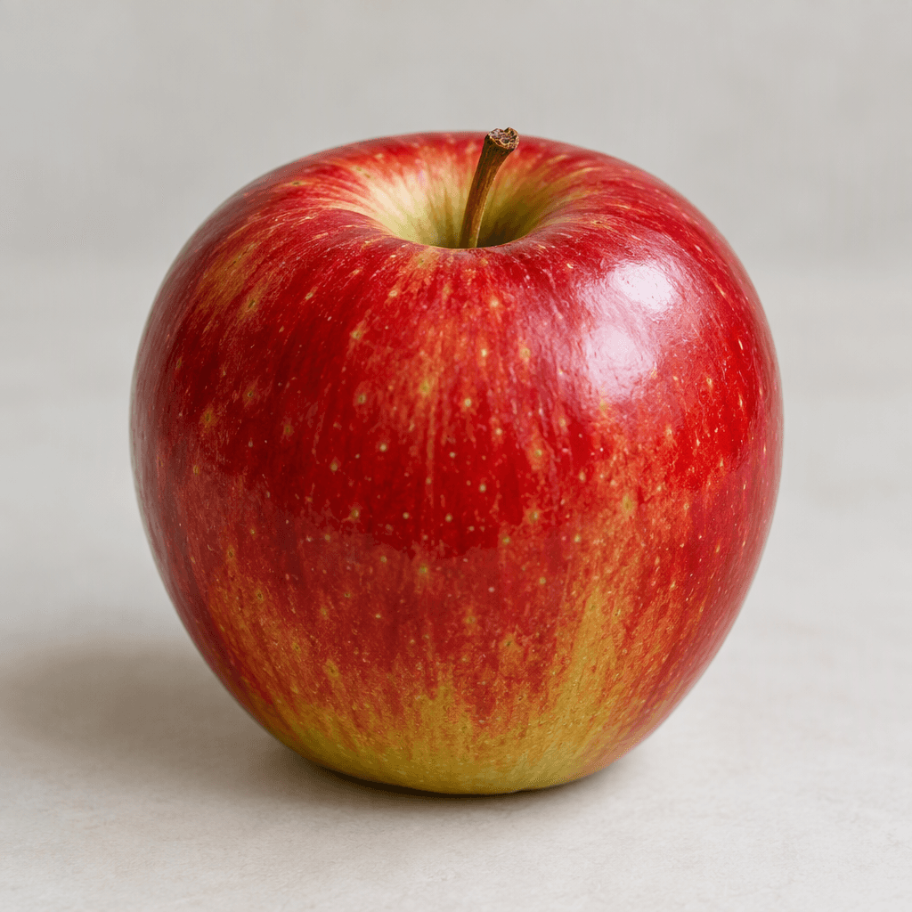 A single round red apple with smooth, glossy skin, subtle yellow-green shading near the base, a small brown stem, and a shallow dimple at the top, resting on a plain surface.