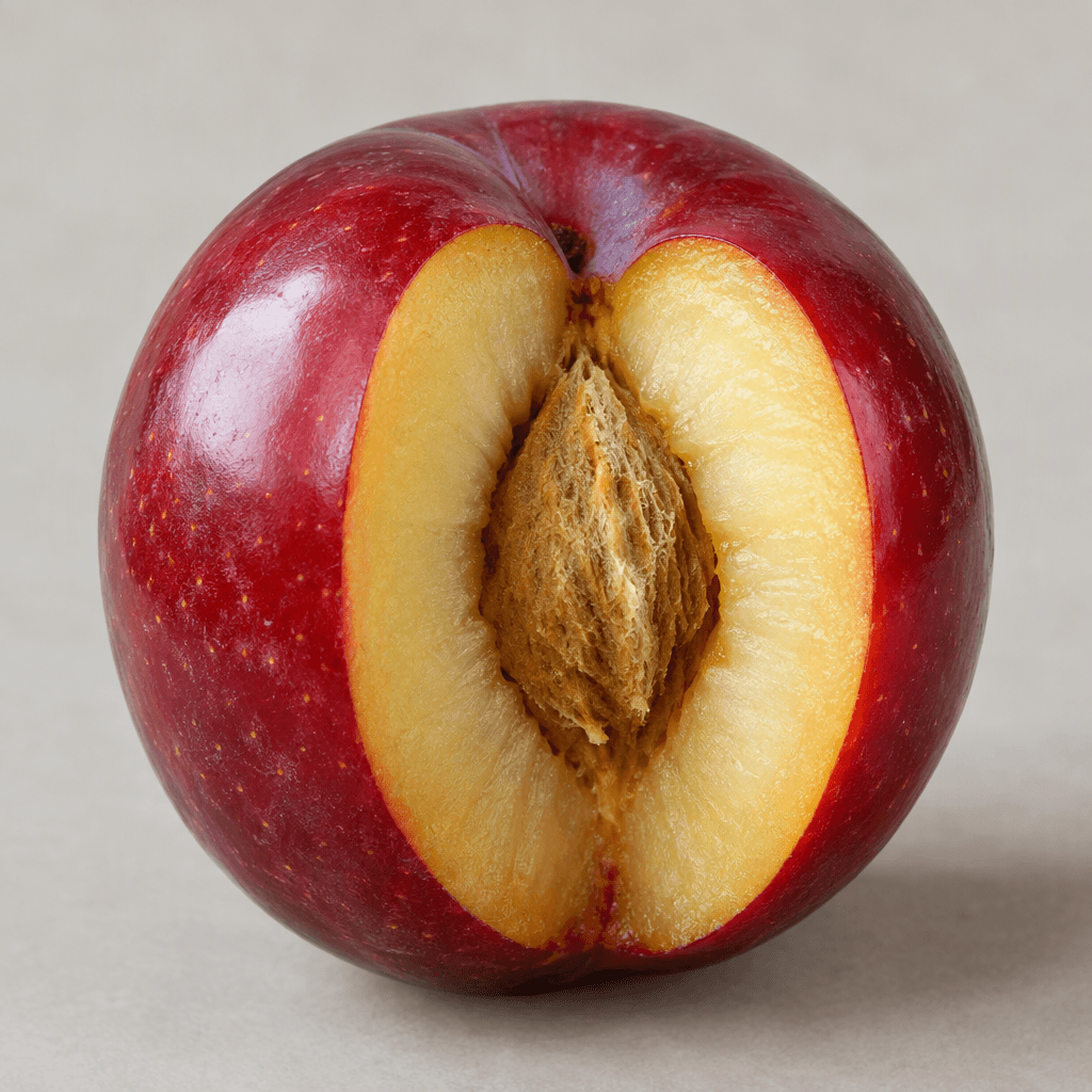 A round red plum with smooth, glossy deep-red skin, subtle speckling, a slight natural groove, and firm pale yellow flesh visible where it is cut open around a central brown pit.