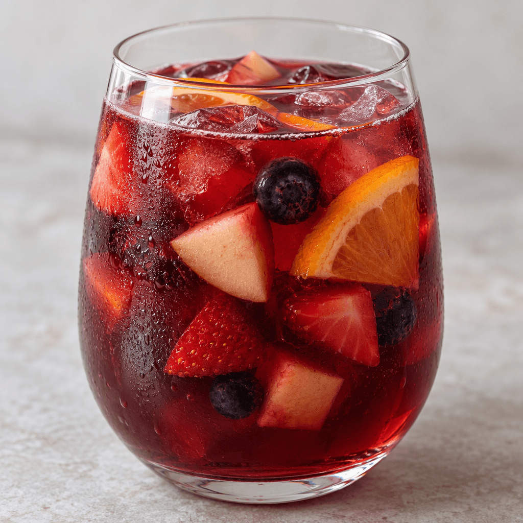 A translucent deep-red mixed fruit drink fills a clear glass, with small pieces of fruit visible beneath the surface.