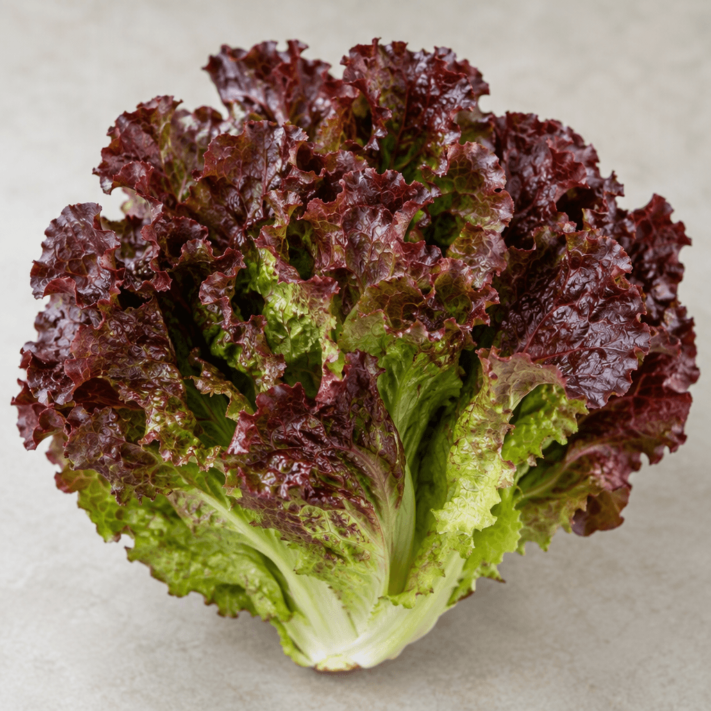 A loose bunch of broad, ruffled lettuce leaves with deep burgundy-red edges fading to green near the pale stems, showing crisp, crinkled surfaces and layered leaves.
