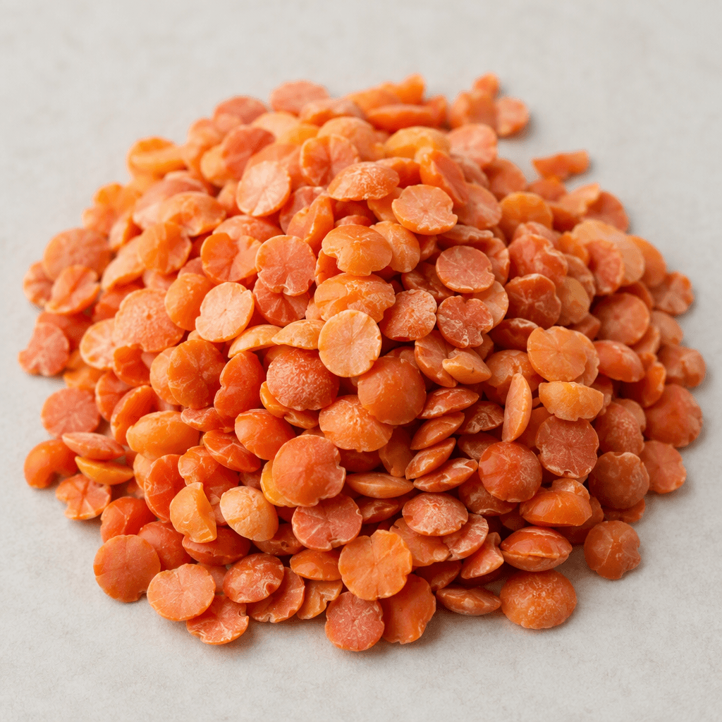 Small, flat, lens-shaped split seeds in warm red-orange and salmon tones, with smooth matte surfaces and slightly irregular edges, gathered in a loose pile.