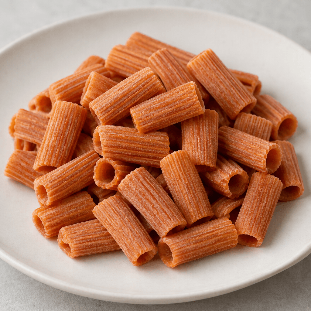 Short, ridged pasta pieces in a warm reddish-orange color, with a matte, slightly rough surface and a firm, dry appearance, arranged in a small heap on a plain plate.