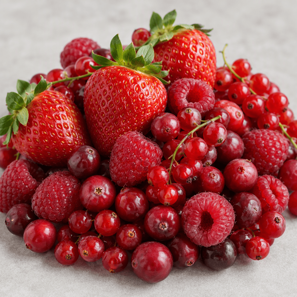 An assortment of red berries, including plump strawberries, delicate raspberries, glossy red currants and round cranberries, is piled together with varied shapes, fresh surfaces and shades ranging from bright scarlet to deep crimson.